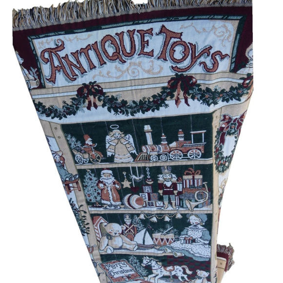 Antique Toys Throw Blanket Christmas Theme Store Window Display 50"x60" Fringe - Picture 1 of 11